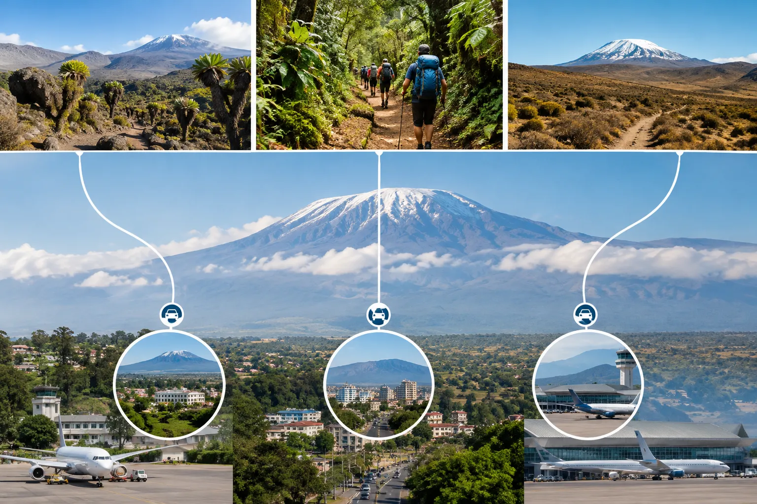 How Moshi, Arusha and JRO connect to the trailheads